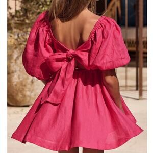 Showpo. Amalie The Label Hamyya Linen Tie Back Puff Sleeve Mini Dress Magenta-2